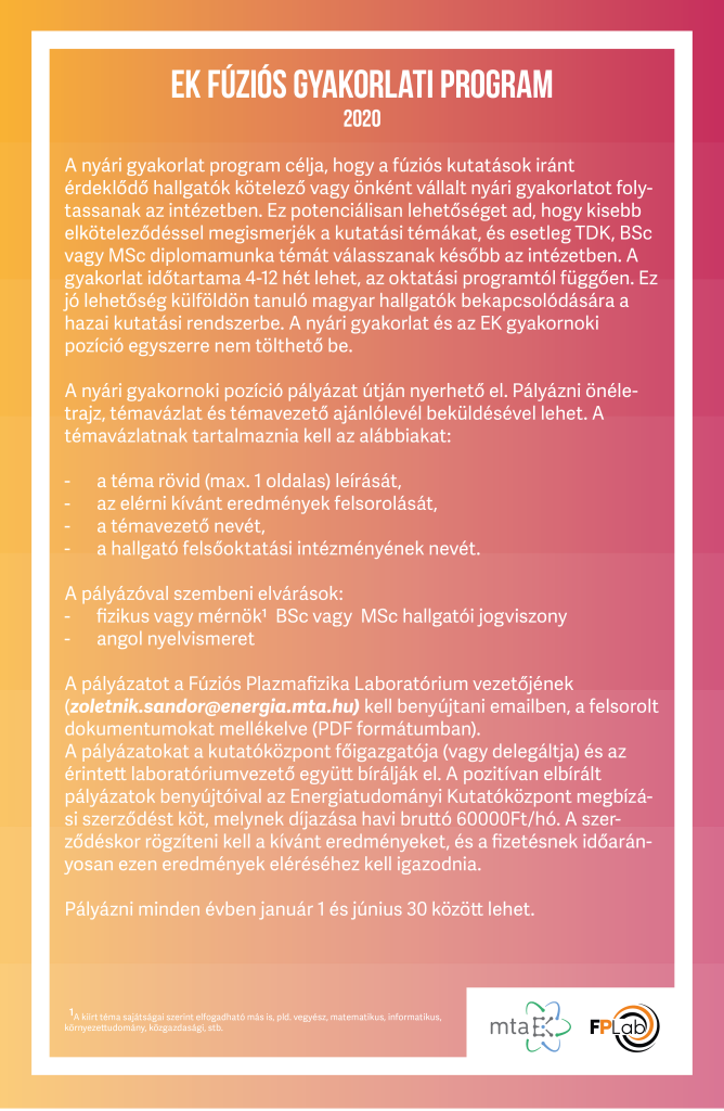 Fúziós nyári gyakorlati program az Energiatudományi Kutatóközpontban