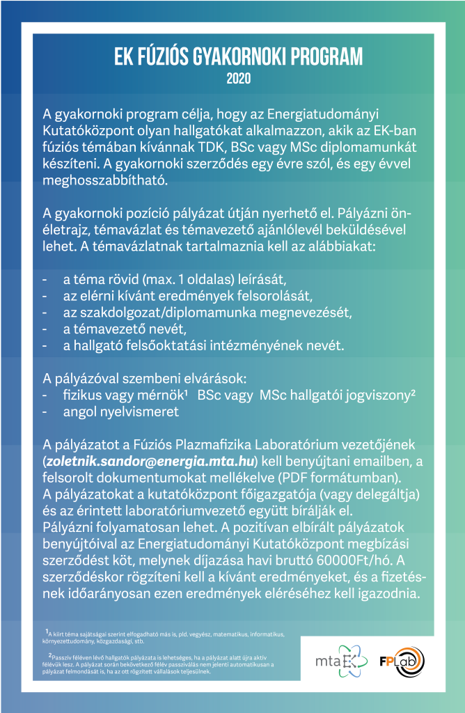 Fúziós gyakornoki program az Energiatudományi Kutatóközpontban